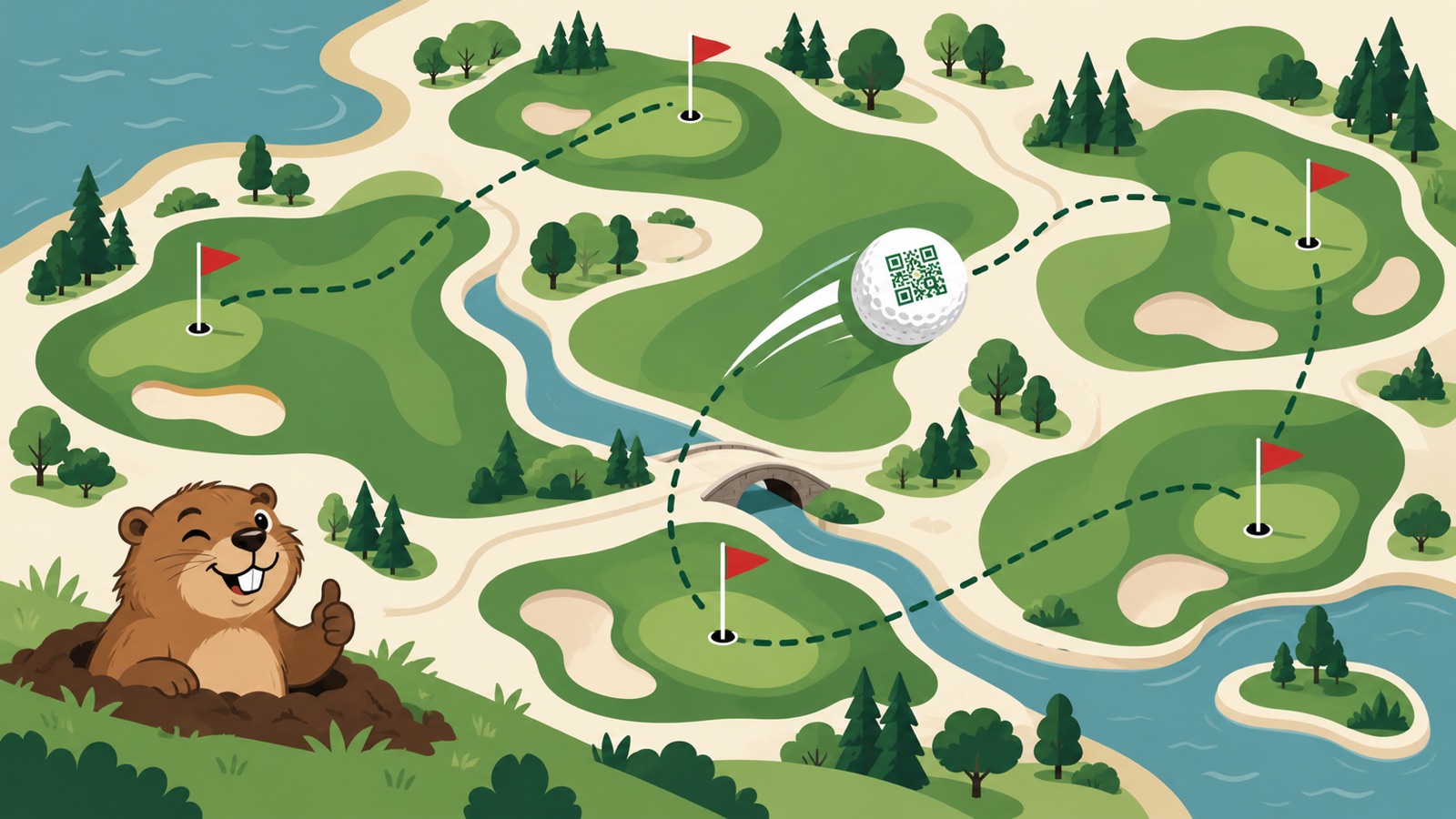 A golf ball's dotted path between golf course flags on an illustrated map