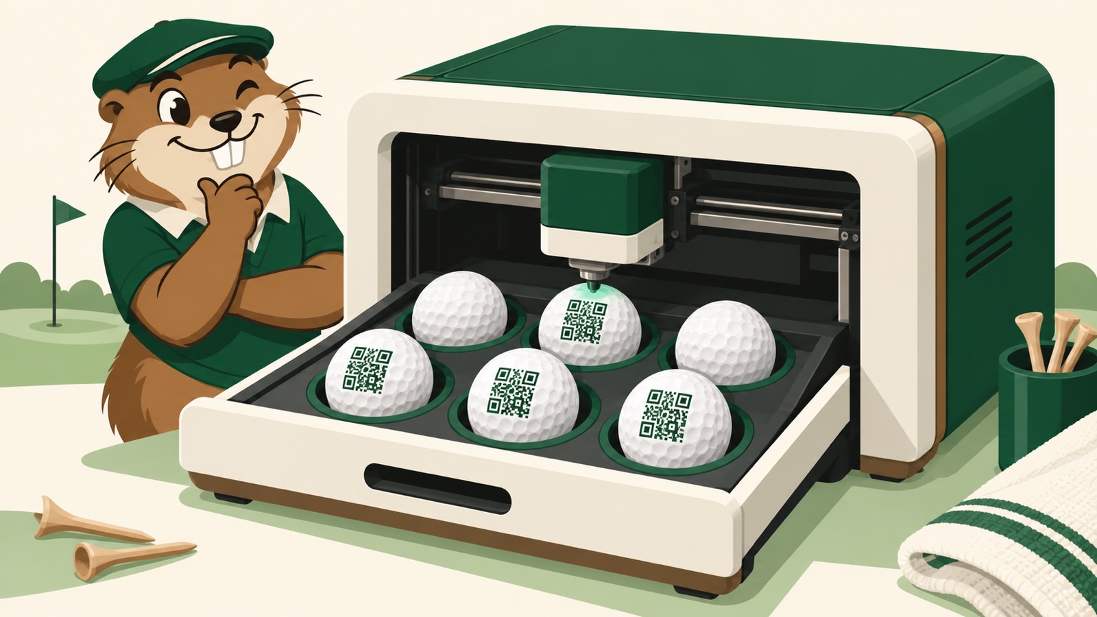 A gopher watching a printer put QR codes on a tray of golf balls